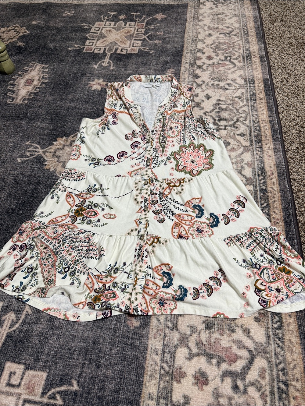 Sleeveless Floral Paisley Tiered Dress - White/Pink